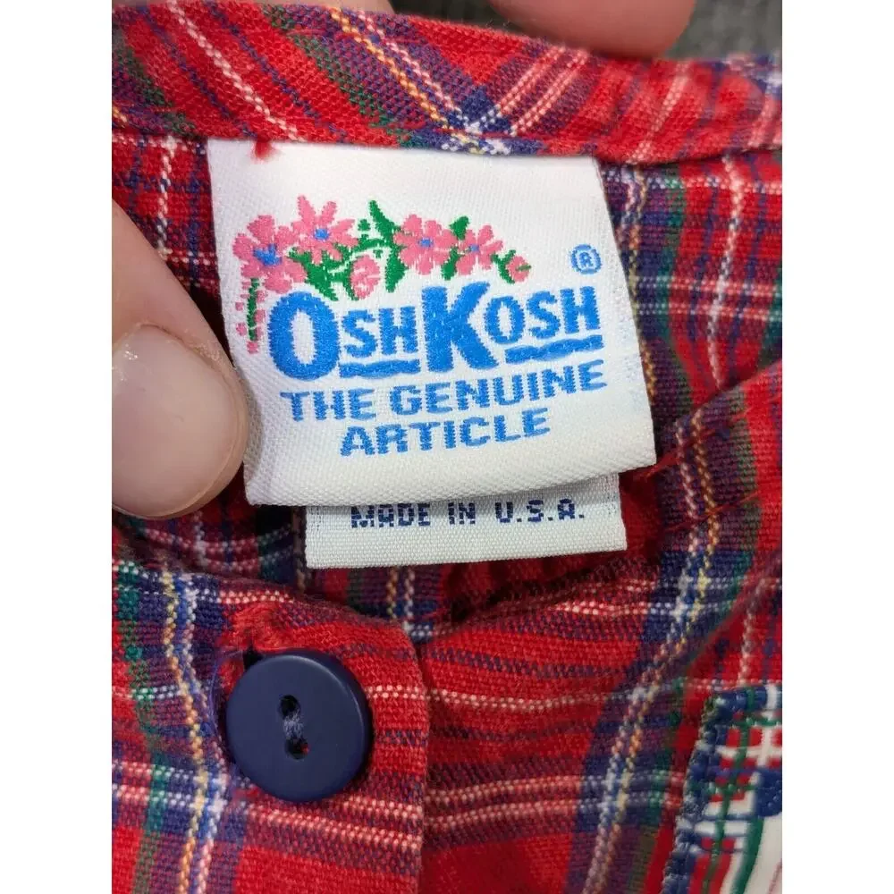 Vintage Oshkosh b'Gosh Jumper Dress Girls 4T Overall Plaid Tartan Button USA